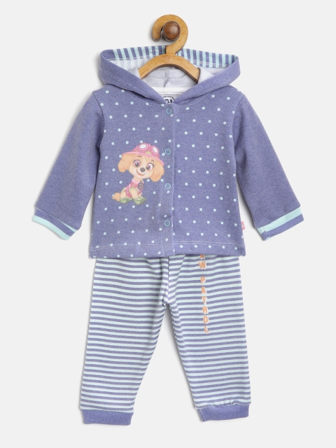 Girls Blue Printed Hooded Sweatshirt with Joggers