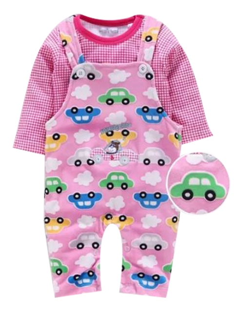 

Moms Love Infant Kids Pink & White Cotton Houndstooth Print T-shirt & Car Print Dungaree