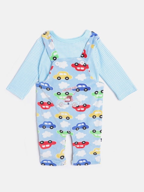 

Moms Love Infant Kids Blue & Red Checked T-shirt with Printed Rompers