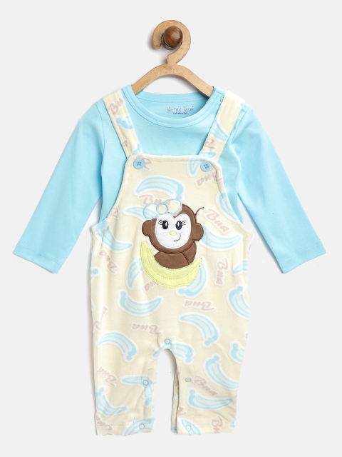 

Moms Love Kids Blue & Cream-Coloured Solid T-shirt with Printed Dungarees