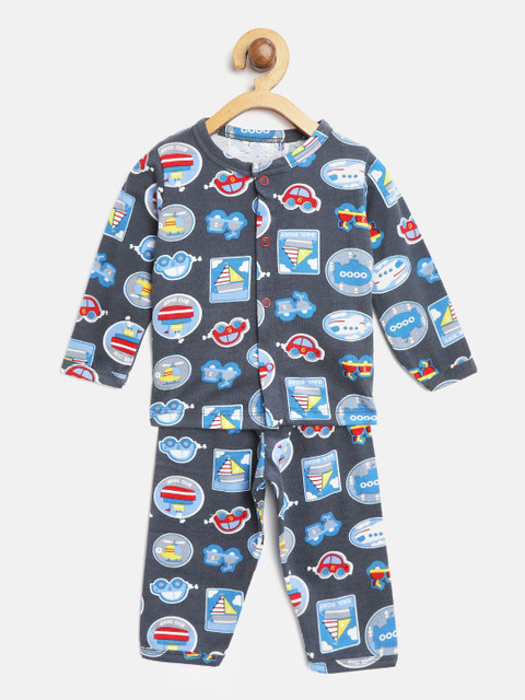 

Moms Love Boys Charcoal Grey & Blue Conversational Print Night suit