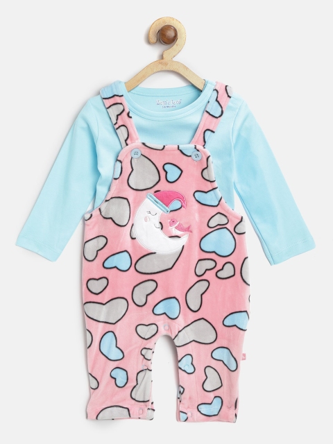 

Moms Love Girls Blue & Pink Solid T-shirt with Printed Dungarees