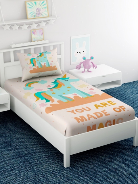 

EverHOME Cream-Coloured & Sea Green Cartoon Characters 210 TC Cotton 1 Single Bedsheet with 1 Pillow Covers