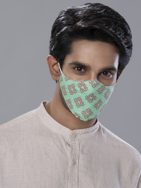 

Behind the Mask - Rahul Mishra Unisex Sea Green & Red Block Print-Inspired 5-Ply Mask