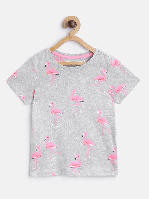 

Marks & Spencer Girls Grey Melange & Pink Flamingo Print Round Neck T-shirt