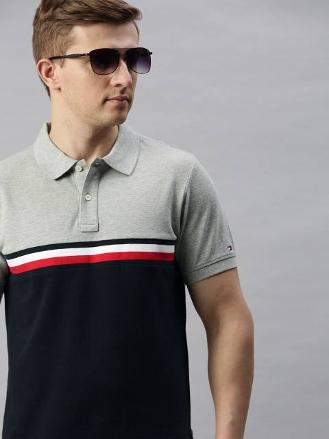 

Tommy Hilfiger Men Grey Melange & Navy Blue Slim Fit Colourblocked Polo Collar T-shirt