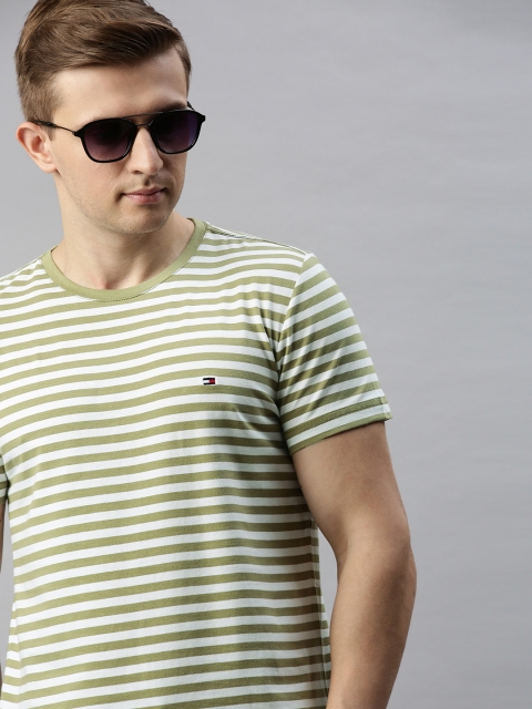 

Tommy Hilfiger Men Olive Green & White Slim Fit Striped Round Neck T-shirt