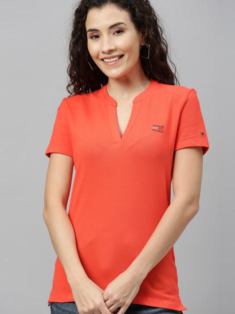 

Tommy Hilfiger Women Orange Slim Fit Solid Mandarin Collar T-shirt