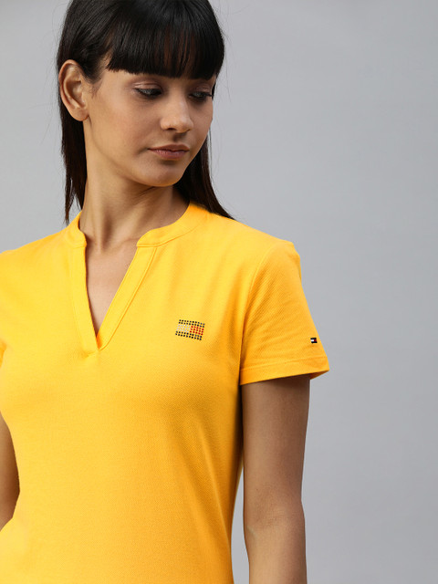 

Tommy Hilfiger Women Mustard Yellow Solid Mandarin Collar T-shirt