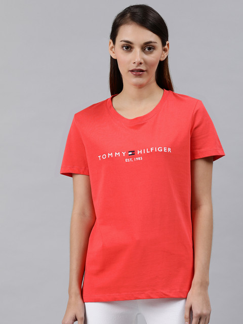 

Tommy Hilfiger Women Coral Red Solid Round Neck T-shirt