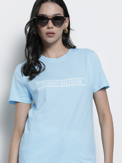 

Tommy Hilfiger Women Blue White Brand Logo Printed Pure Cotton T-shirt
