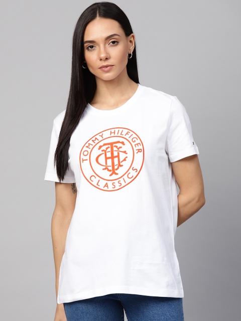 

Tommy Hilfiger Women White & Neon Orange Printed Round Neck T-shirt