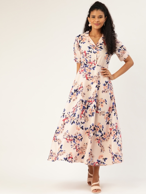 

U&F Women Peach-Coloured & Blue Floral Printed Tie-Up Maxi Dress