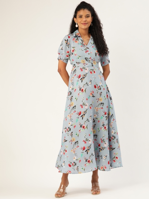 

U&F Women Grey & Red Floral Printed Tie-Up Maxi Dress