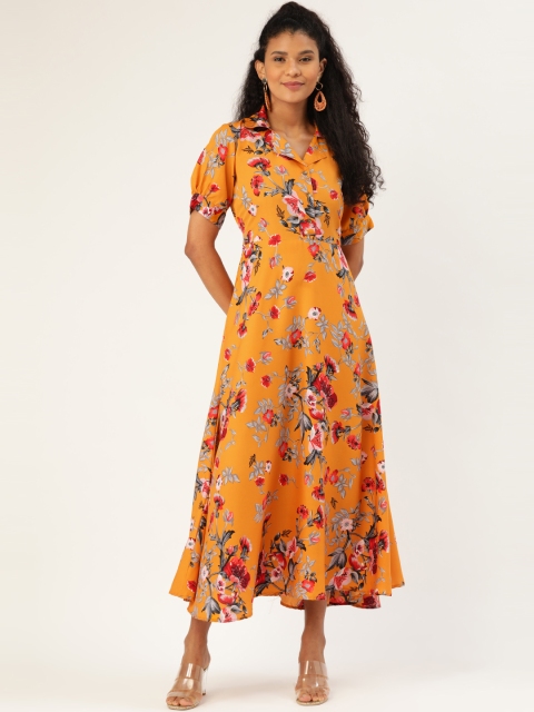 

U&F Women Mustard Yellow & Red Floral Printed Tie-Up Maxi Dress