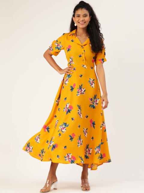 

U&F Women Mustard Yellow & Teal blue Floral Printed Tie-Up Maxi Dress