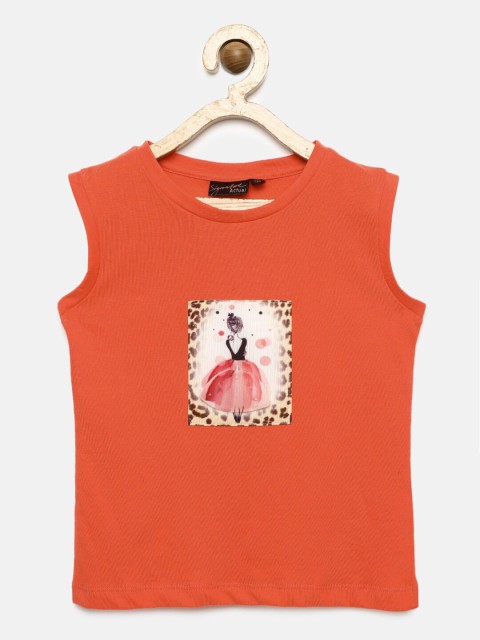 

Actuel Girls Orange Printed Pure Cotton Top