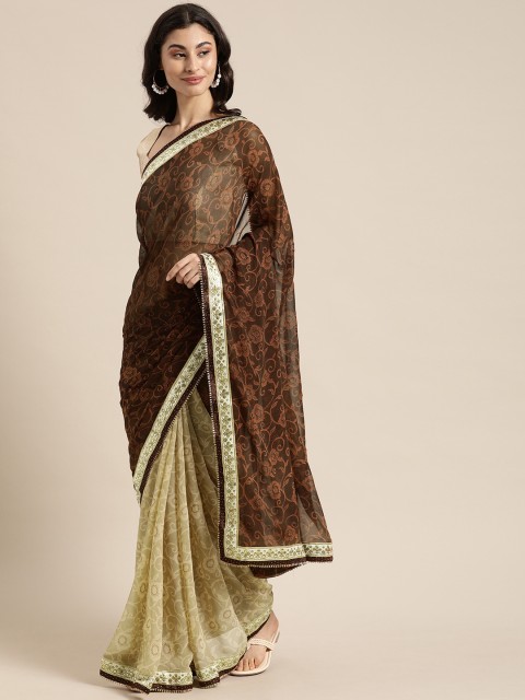 

Mitera Beige & Brown Pure Georgette Floral Printed Saree
