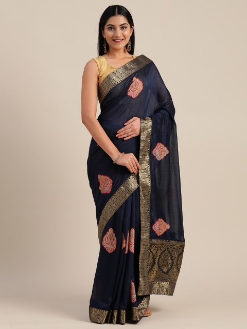 

Mitera Navy Blue & Peach-Coloured Poly Silk Printed Chanderi Saree
