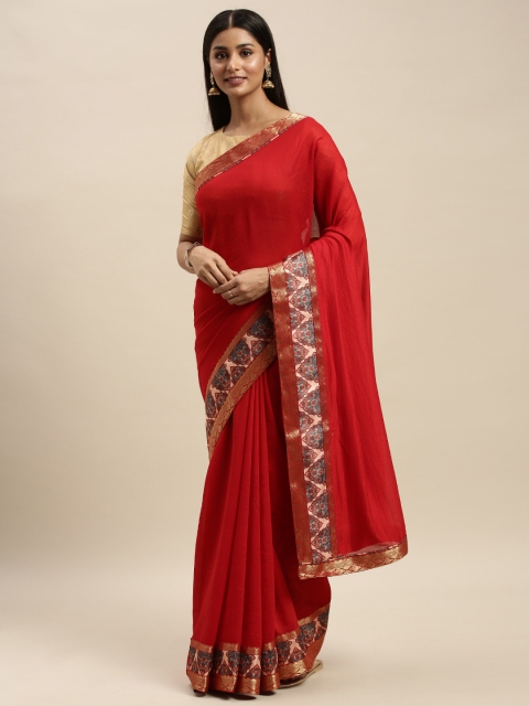 

Mitera Red & Golden Poly Silk Solid Chanderi Saree