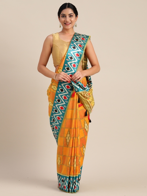 

Mitera Mustard Yellow & Blue Pure Silk Printed Saree