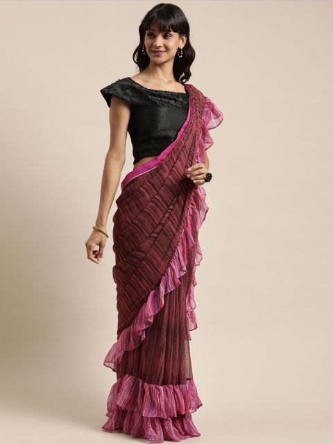 

Mitera Maroon Striped Pure Georgette Ruffled Saree