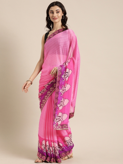 

Mitera Pink Checked & Printed Pure Chiffon Saree
