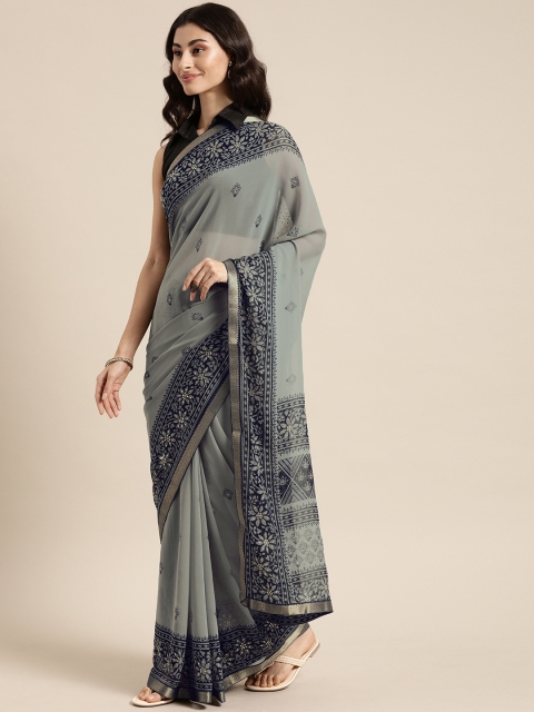 

Mitera Grey & Navy Blue Pure Georgette Printed Saree with Embellishments