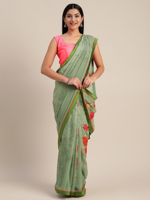 

Mitera Olive Green & Red Pure Georgette Floral Printed Saree