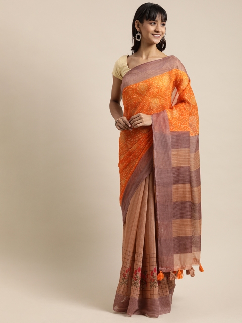 

Mitera Orange & Beige Pure Cotton Printed Half and Half Saree