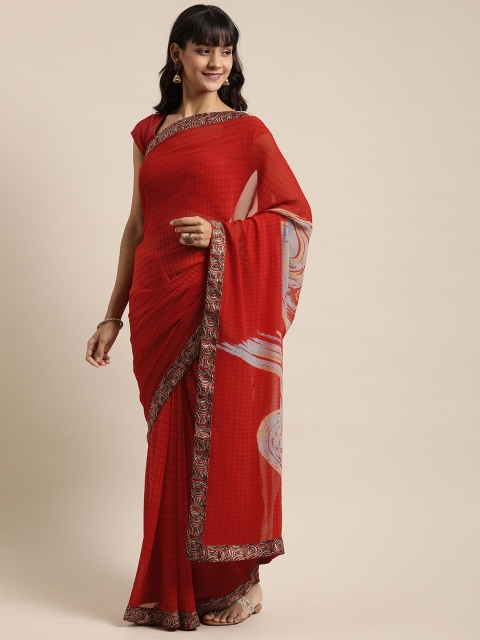 

Mitera Red Checked Poly Georgette Saree