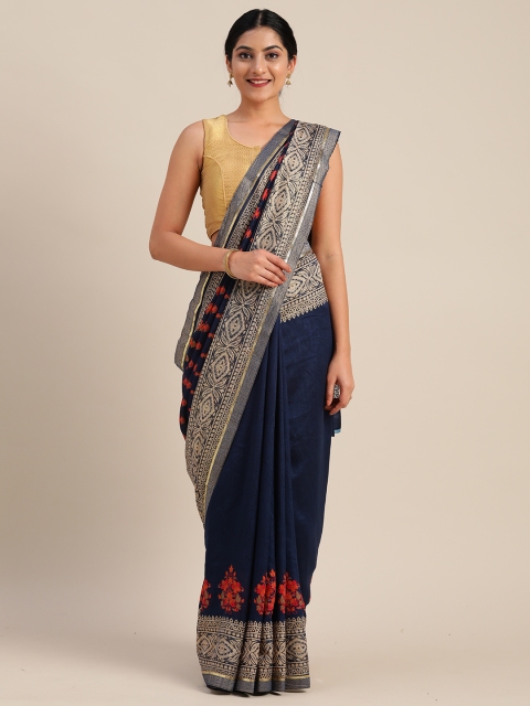 

Mitera Navy Blue & Red Poly Silk Printed Chanderi Saree