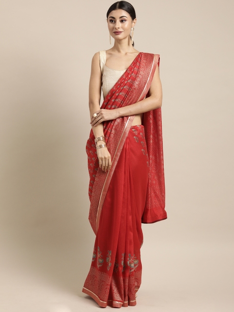 

Mitera Red & Gold-Toned Poly Silk Printed Chanderi Saree