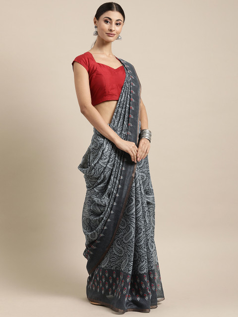 

Mitera Grey Printed Art Silk Saree with Tassels