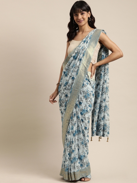 

Mitera White & Blue Pure Georgette Floral Printed Saree