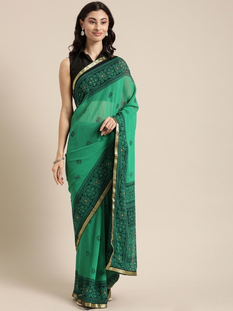 

Mitera Green & Black Pure Georgette Printed Saree with Embellishments