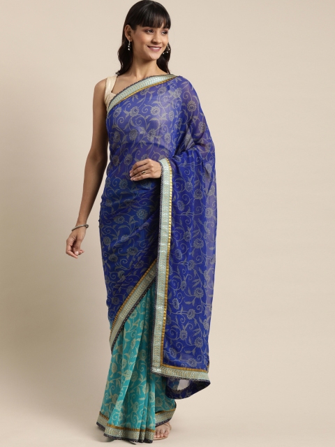 

Mitera Blue & Green Pure Georgette Floral Printed Saree