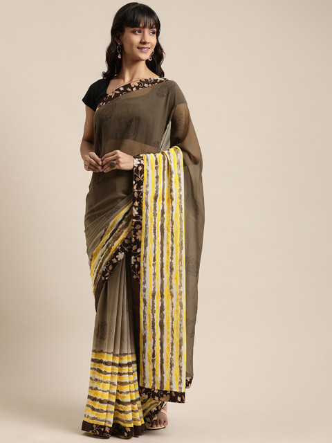 

Mitera Brown & Yellow Poly Georgette Floral Printed Semi-Sheer Saree