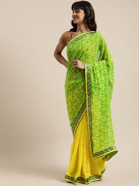 

Mitera Yellow & Lime Green Pure Georgette Printed Half and Half Saree