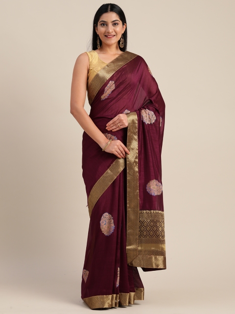 

Mitera Maroon & Gold-Coloured Poly Silk Printed Chanderi Saree