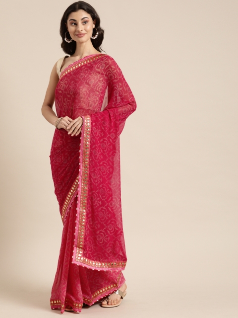 

Mitera Pink Floral Printed & Embellished Pure Georgette Saree