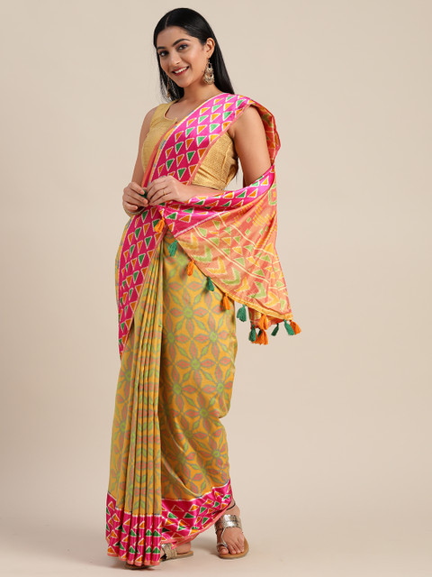 

Mitera Mustard Yellow & Pink Pure Silk Printed Saree