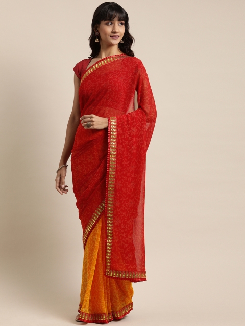 

Mitera Red & Mustard Yellow Pure Georgette Printed Saree