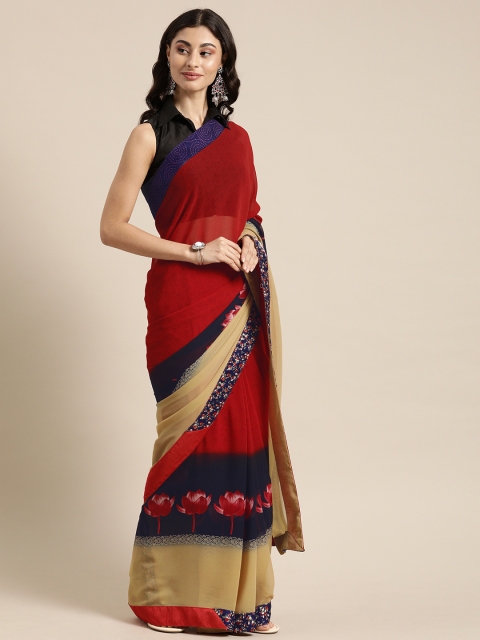 

Mitera Red & Black Poly Georgette Floral Printed Saree