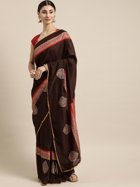 

Mitera Brown & Red Poly Silk Solid Chanderi Saree