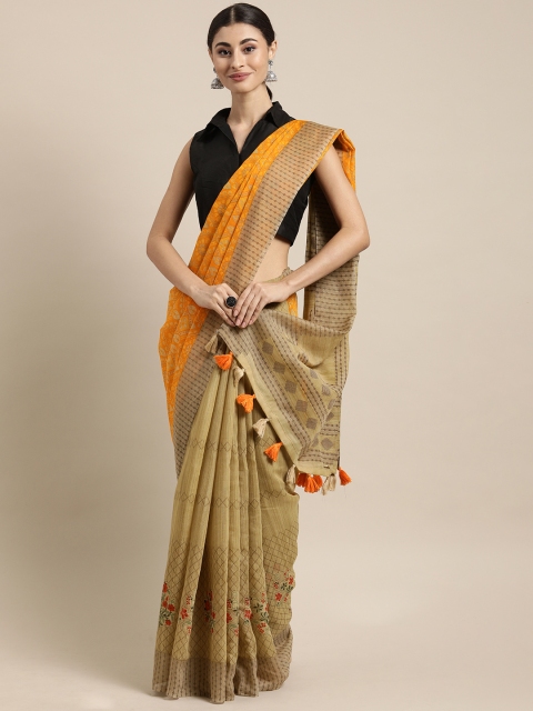 

Mitera Orange & Beige Pure Cotton Printed Half & Half Saree