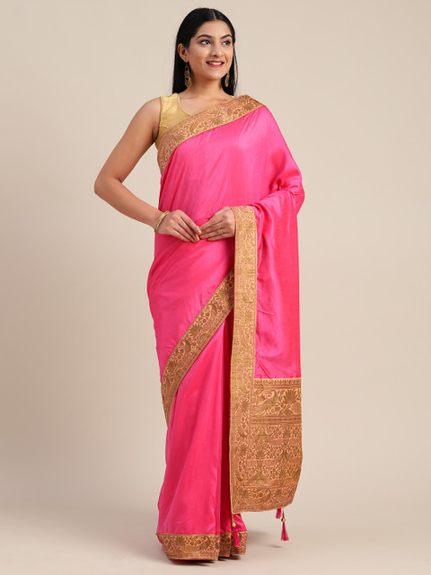 

Mitera Pink Poly Silk Solid Chanderi Saree