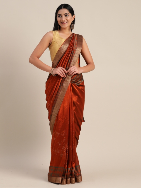 

Mitera Rust Brown Poly Silk Printed Chanderi Saree