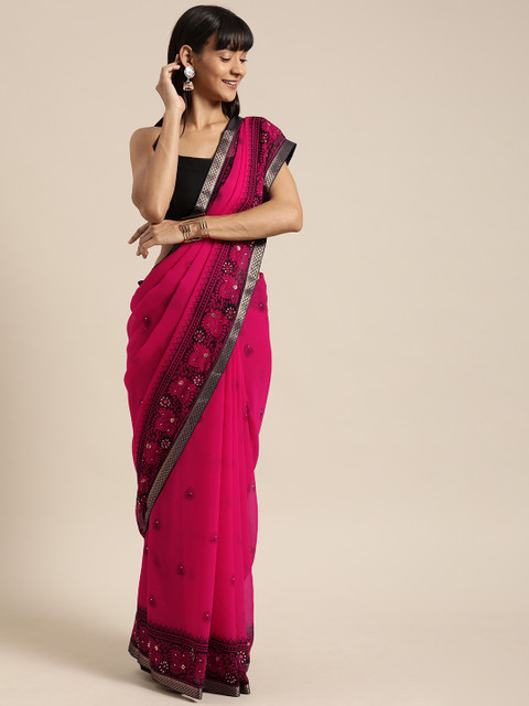 

Mitera Pink & Black Pure Georgette Printed Saree with Embellishments