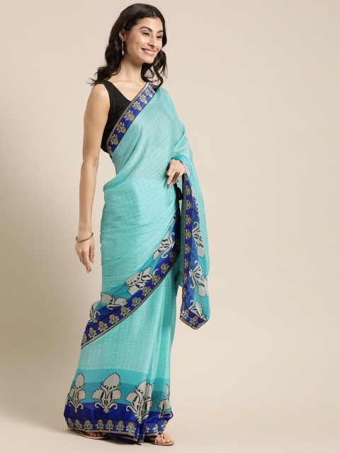

Mitera Turquoise Blue Checked & Printed Pure Chiffon Saree